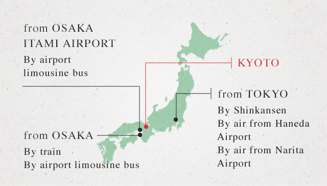 Map to Kyoto. From Osaka Itami airport: By airport, Limousine bus. from Osaka: By train, By airport limousine bus. From Tokyo: By shinkansen, By air from Haneda airport, By air from Narita airport.